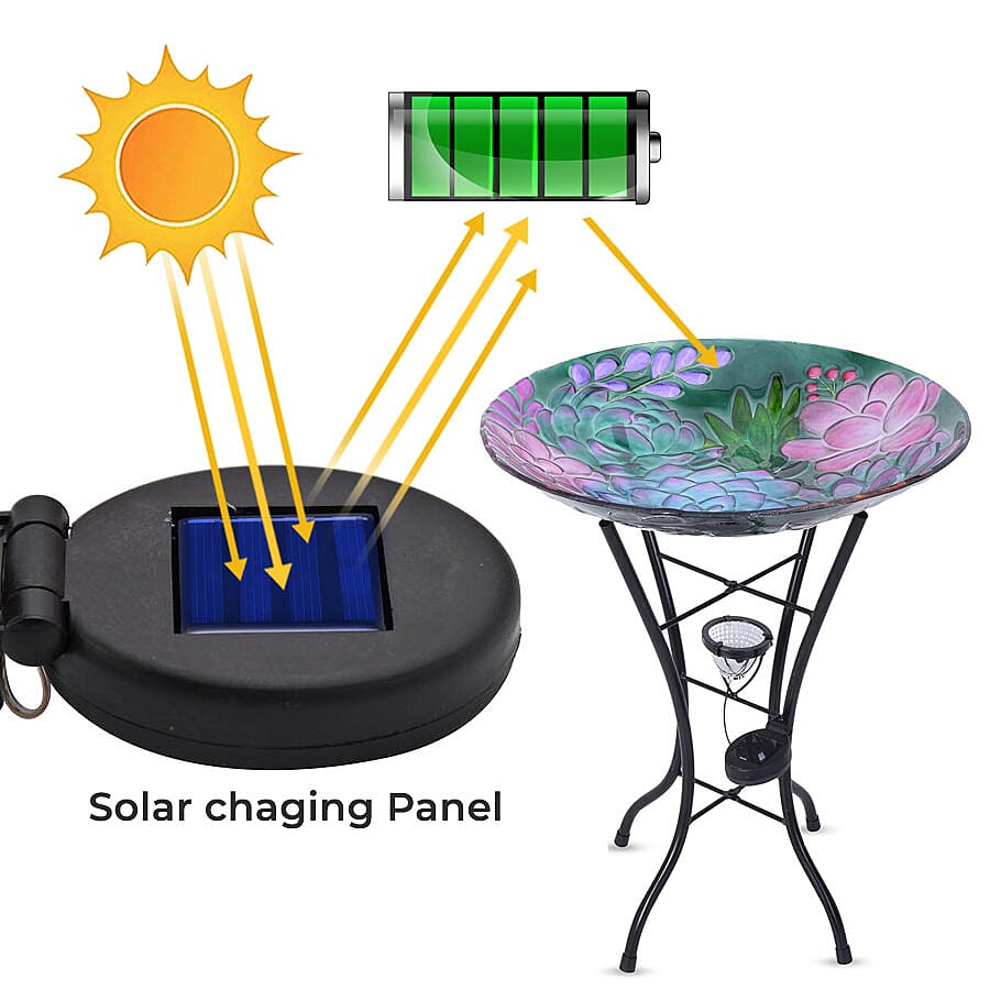 Garden Theme Flower Pattern Glass Birdbath with Solar Light in Multi (Size: 45x45x57cm)