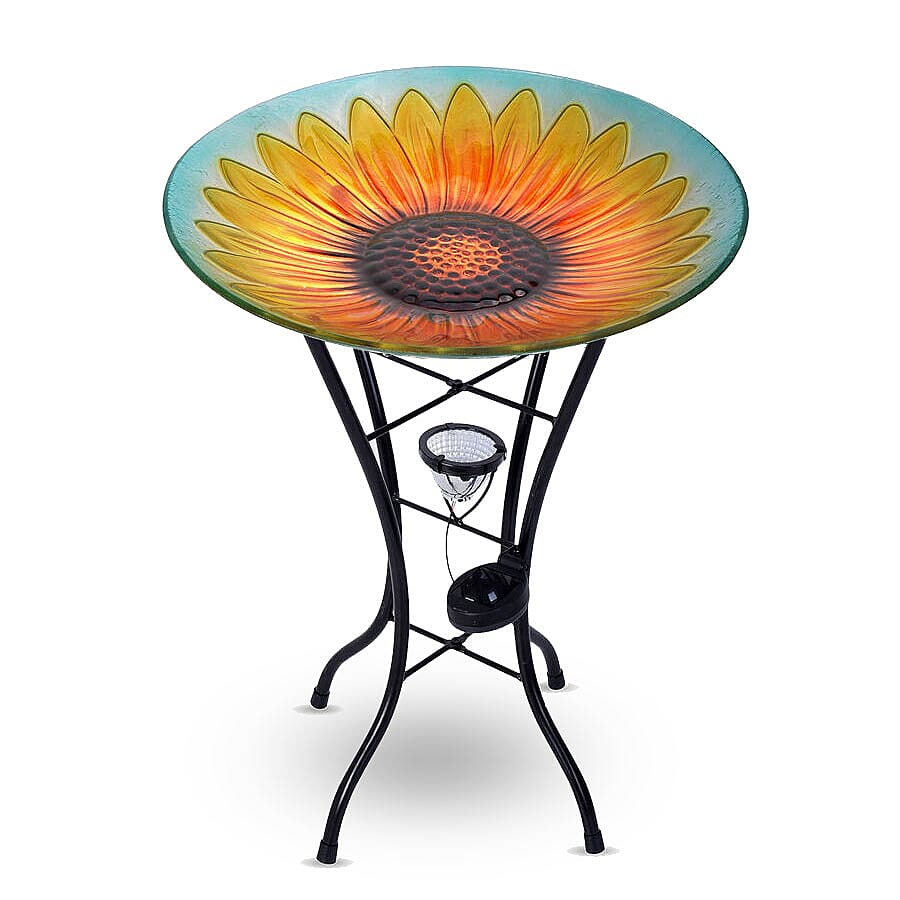 Hand Painted Sunflower Pattern Glass Birdbath with Solar Light in Multi (Size- 45x45x57cm)