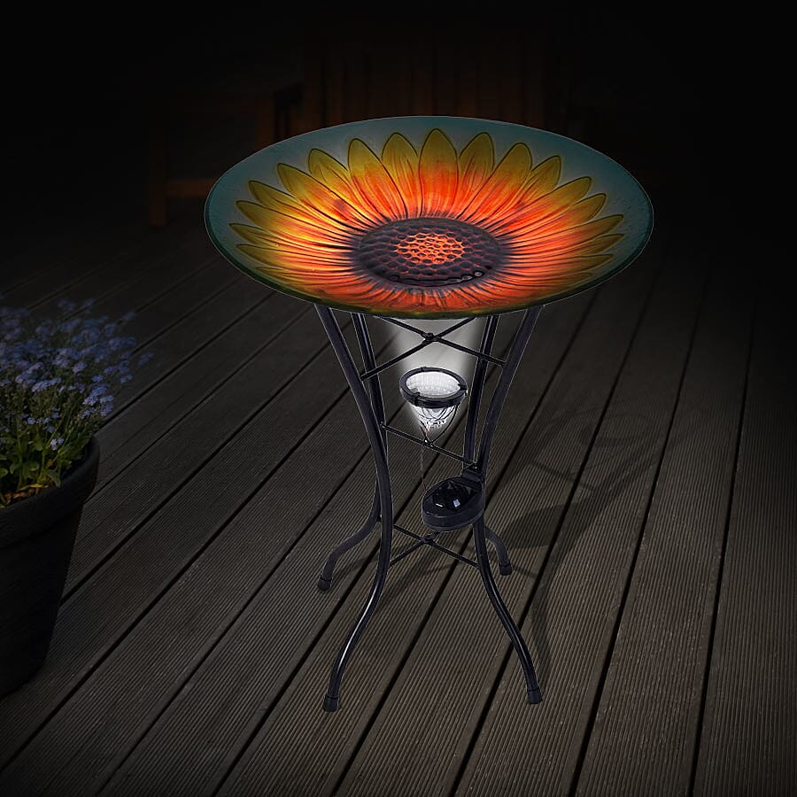 Hand Painted Sunflower Pattern Glass Birdbath with Solar Light in Multi (Size- 45x45x57cm)