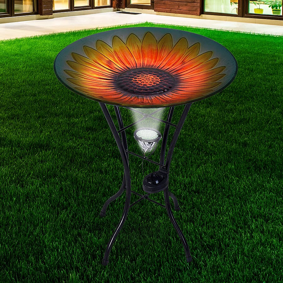 Hand Painted Sunflower Pattern Glass Birdbath with Solar Light in Multi (Size- 45x45x57cm)