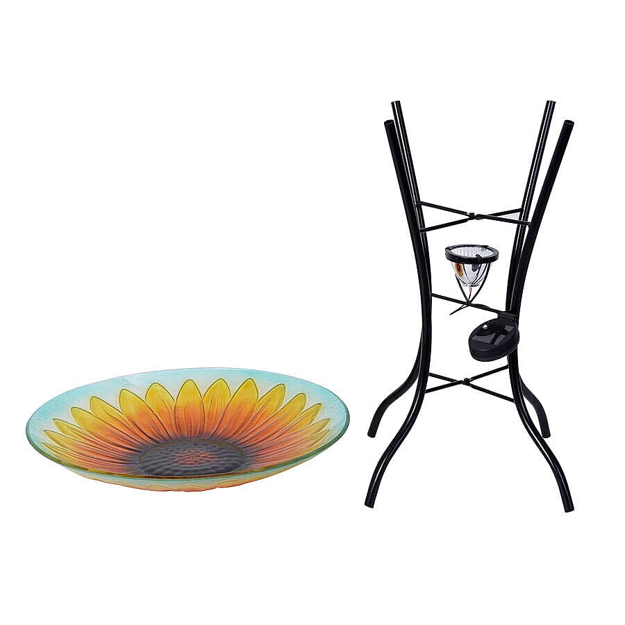 Hand Painted Sunflower Pattern Glass Birdbath with Solar Light in Multi (Size- 45x45x57cm)