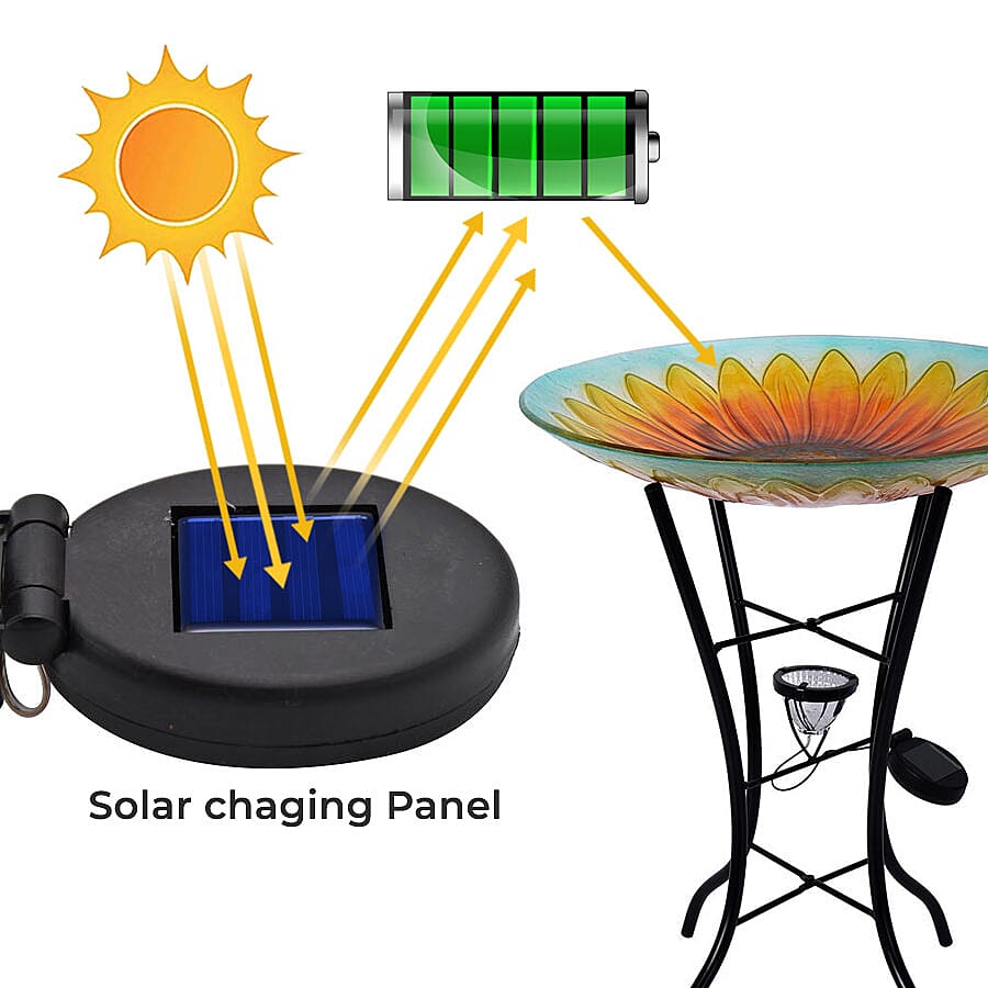 Hand Painted Sunflower Pattern Glass Birdbath with Solar Light in Multi (Size- 45x45x57cm)