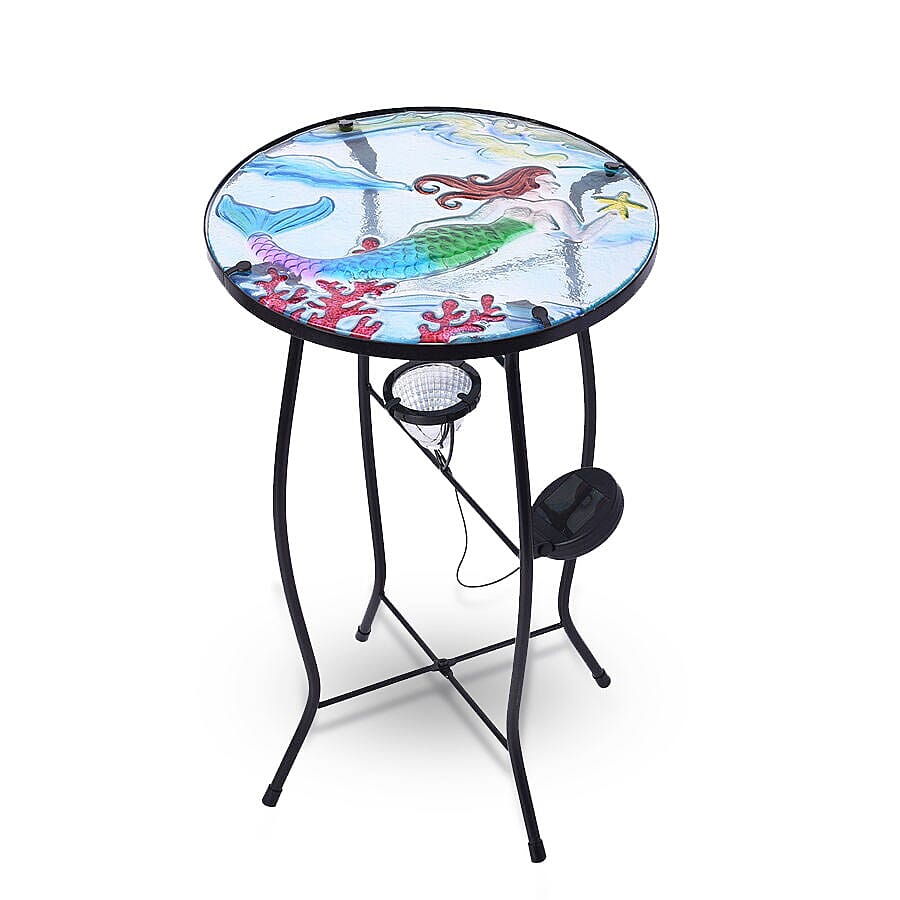Hand Painted Mermaid Pattern Garden Table with Solar Light in Multi (Size 30.5x30.5x48cm)