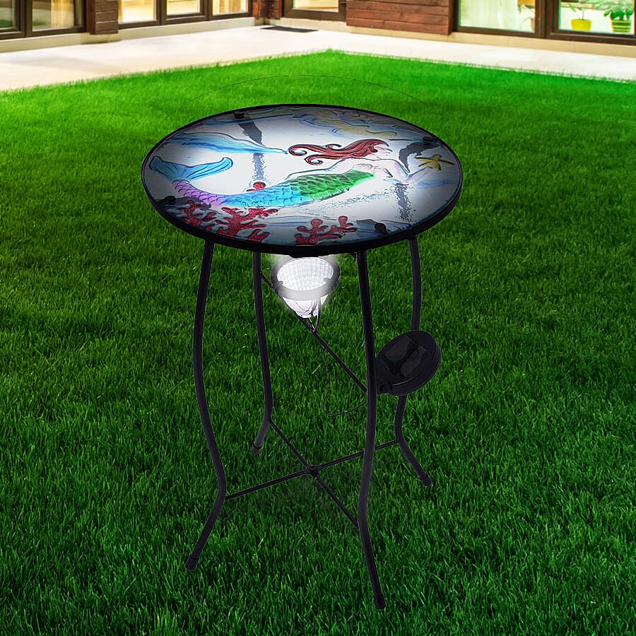 Hand Painted Mermaid Pattern Garden Table with Solar Light in Multi (Size 30.5x30.5x48cm)
