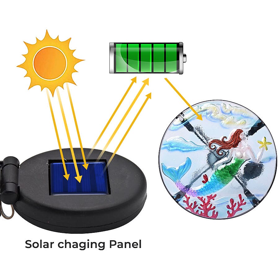 Hand Painted Mermaid Pattern Garden Table with Solar Light in Multi (Size 30.5x30.5x48cm)