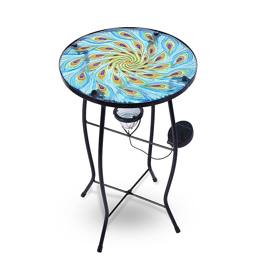 Peacock Feather Pattern Garden Table with Solar Light in Multi (Size 30.5x30.5x48cm)