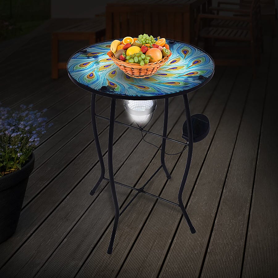 Peacock Feather Pattern Garden Table with Solar Light in Multi (Size 30.5x30.5x48cm)