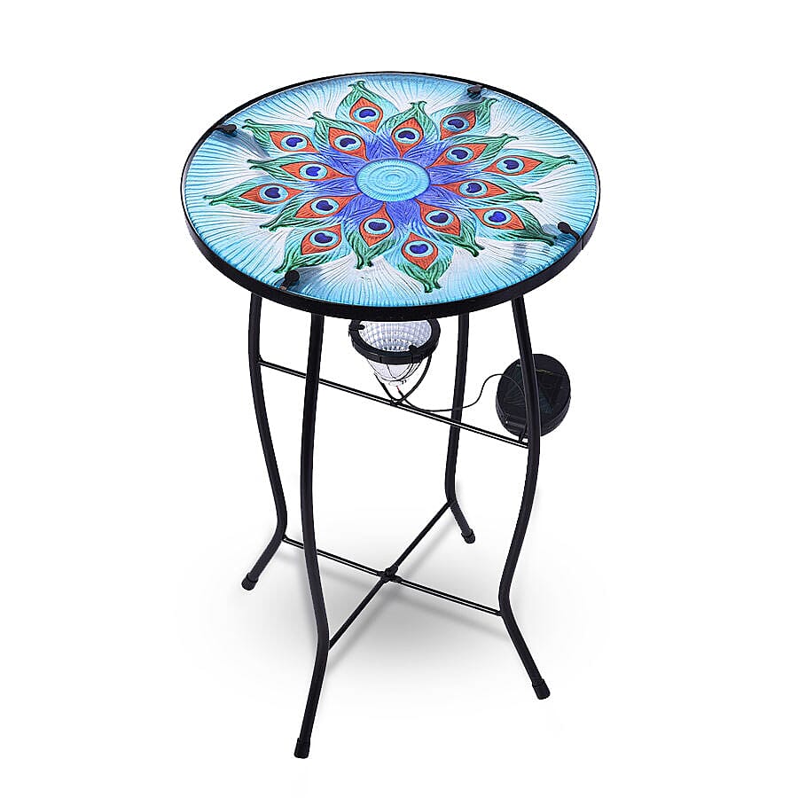 Peacock Plume Pattern Garden Table with Solar Light in Multi (Size 30.5x30.5x48cm)