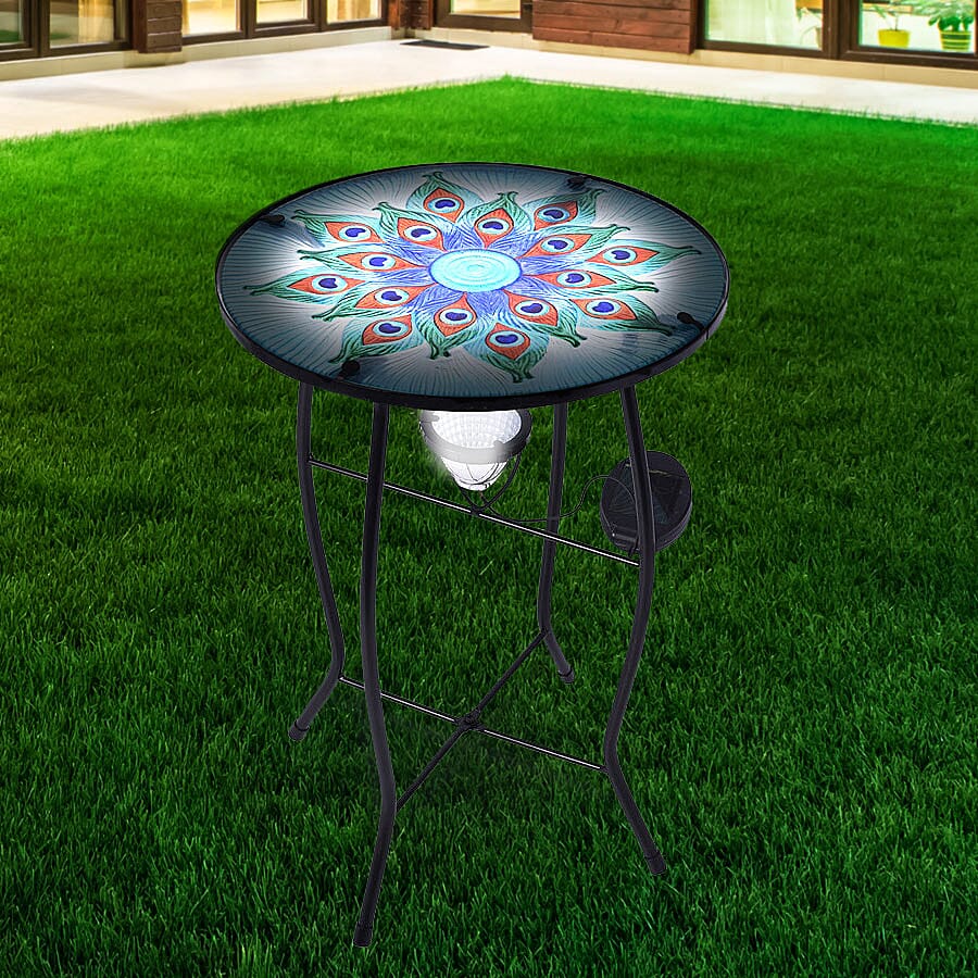 Peacock Plume Pattern Garden Table with Solar Light in Multi (Size 30.5x30.5x48cm)