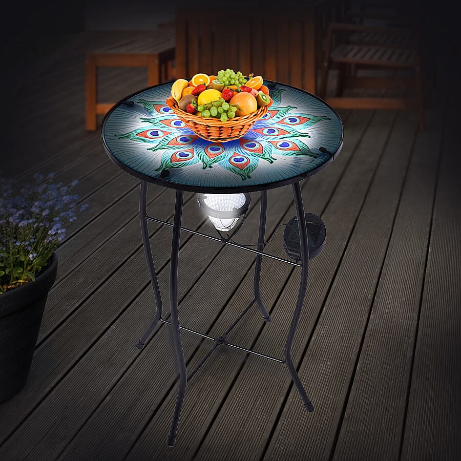 Peacock Plume Pattern Garden Table with Solar Light in Multi (Size 30.5x30.5x48cm)