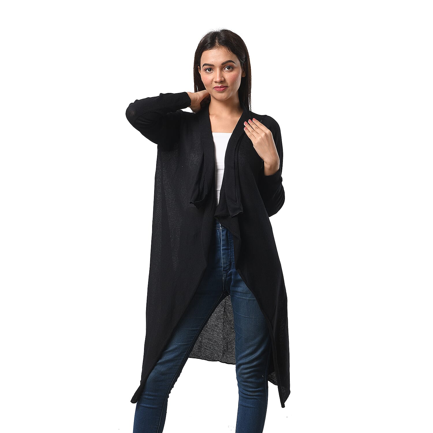 Marigold Lotus: 100% Cotton Knit Long Sleeve Waterfall Cardigan in Black 