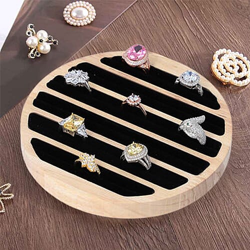 Round Bamboo Ring Tray with 6 Black Velvet Slots (Size 15x1.7cm)