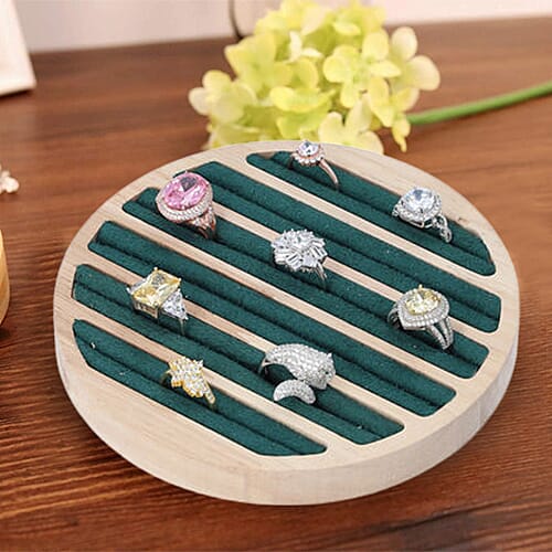 Round Bamboo Ring Tray with 6 Green Velvet Slots (Size 15x1.7cm)