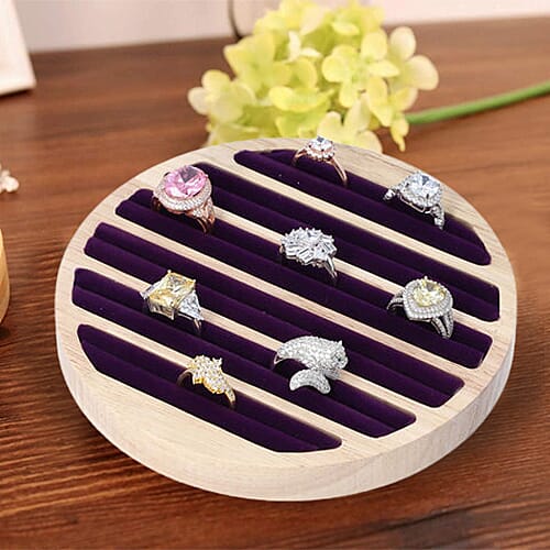 Round Bamboo Ring Tray with 6 Purple Velvet Slots (Size 15x1.7cm)