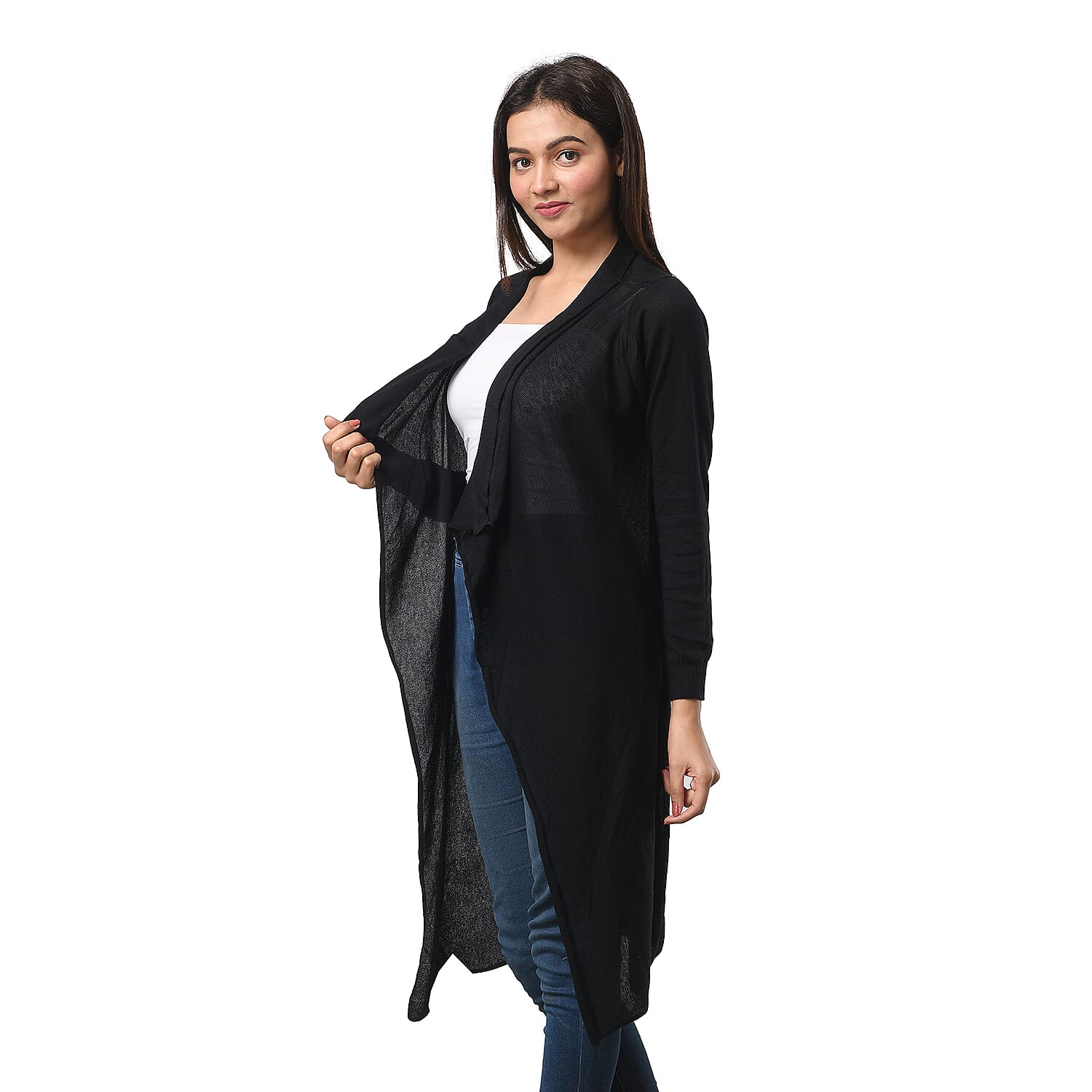 Marigold Lotus- 100% Cotton Knit Long Sleeve Waterfall Cardigan in Black; L-XL (UK Size 16-20)