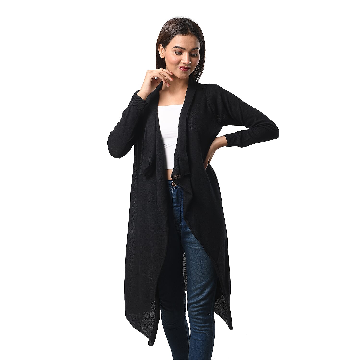 Marigold Lotus- 100% Cotton Knit Long Sleeve Waterfall Cardigan in Black; L-XL (UK Size 16-20)