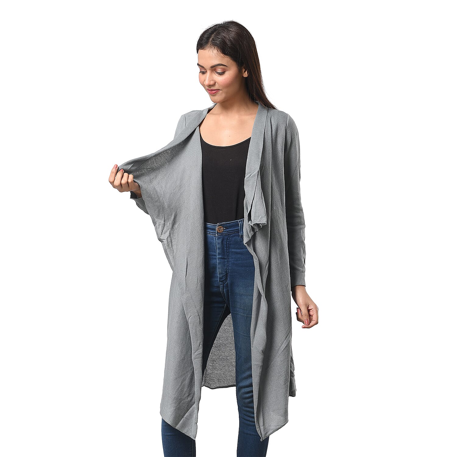 Marigold Lotus- 100% Cotton Knit Long Sleeve Waterfall Cardigan in Steel Grey; L-XL (UK Size 16-20)