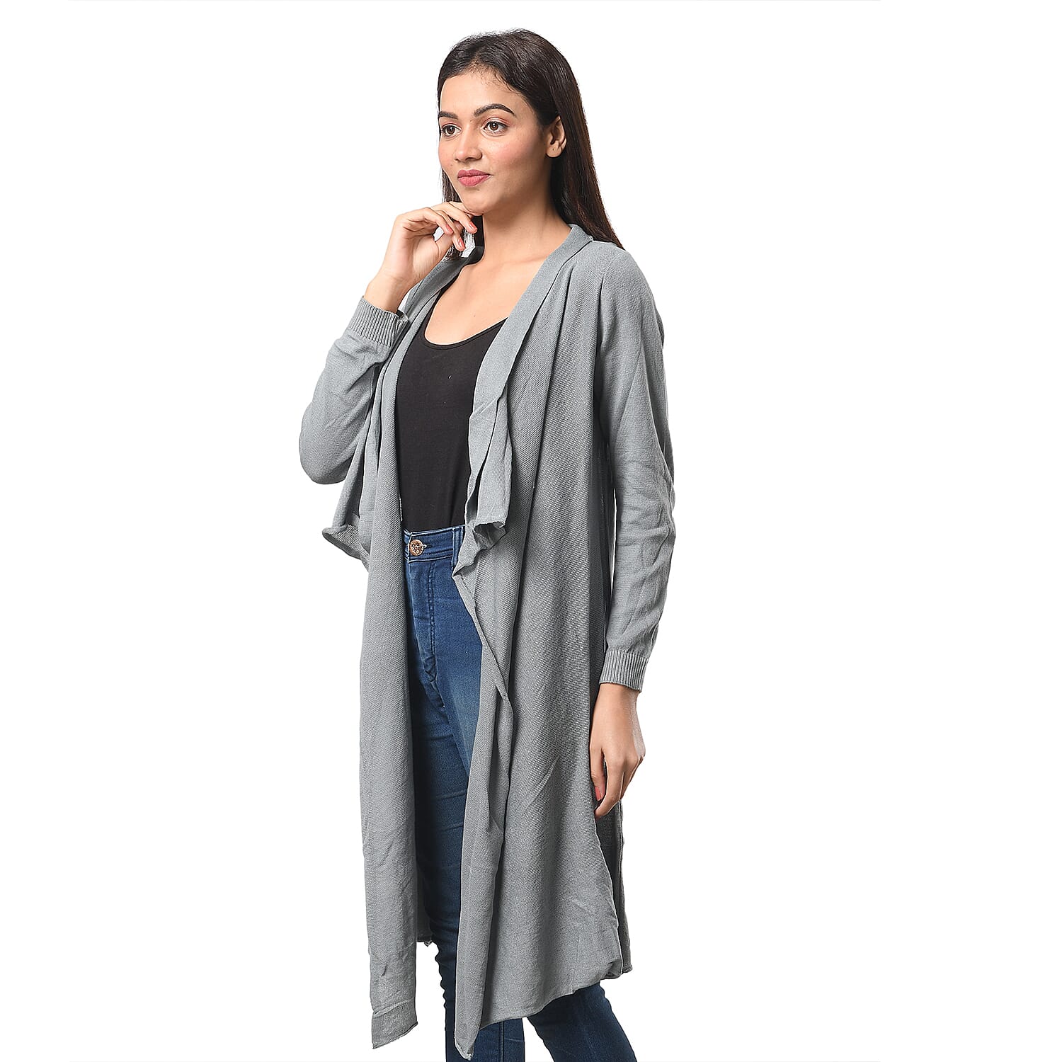 Marigold Lotus- 100% Cotton Knit Long Sleeve Waterfall Cardigan in Steel Grey; L-XL (UK Size 16-20)