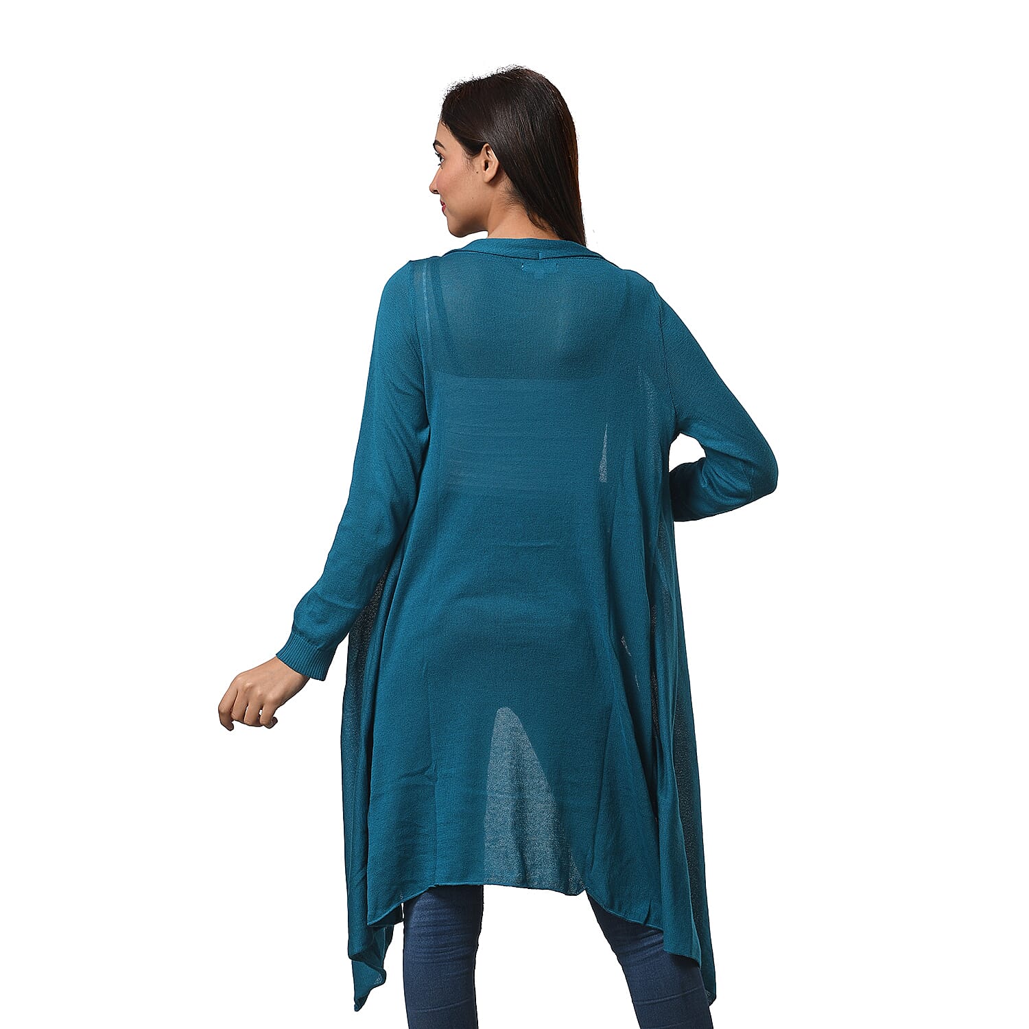 Marigold Lotus: 100% Cotton Knit Long Sleeve Waterfall Cardigan in Teal Green
