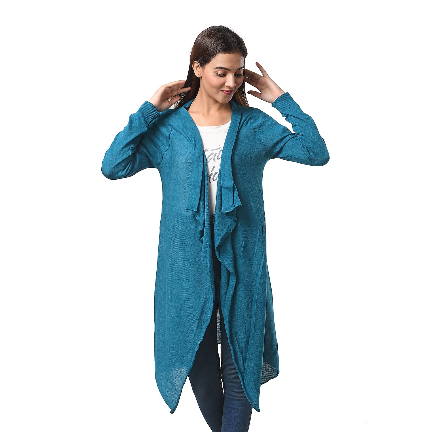 Marigold Lotus: 100% Cotton Knit Long Sleeve Waterfall Cardigan in Teal Green