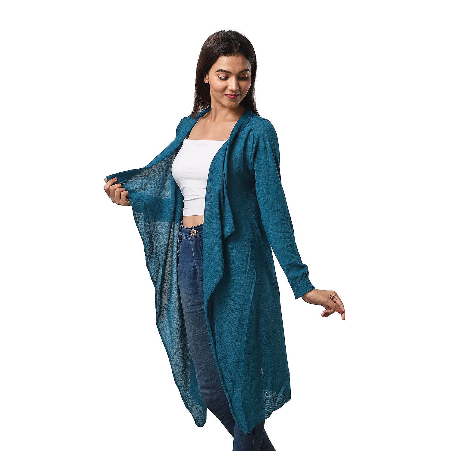 Marigold Lotus: 100% Cotton Knit Long Sleeve Waterfall Cardigan in Teal Green