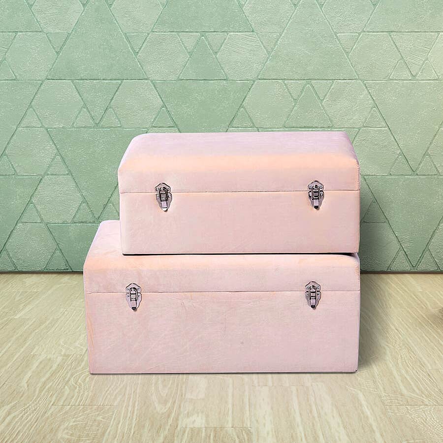 Set of 2 Off-White Velvet Fabric Covered Wooden Trunks