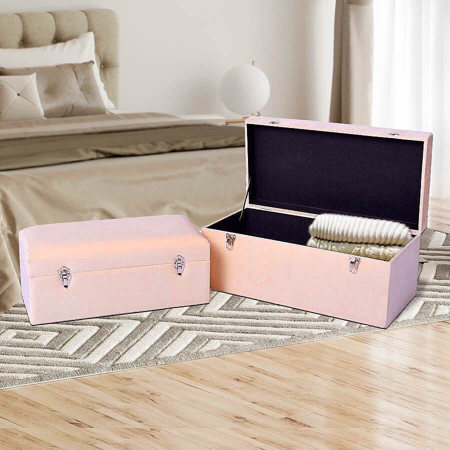 Set of 2 Off-White Velvet Fabric Covered Wooden Trunks