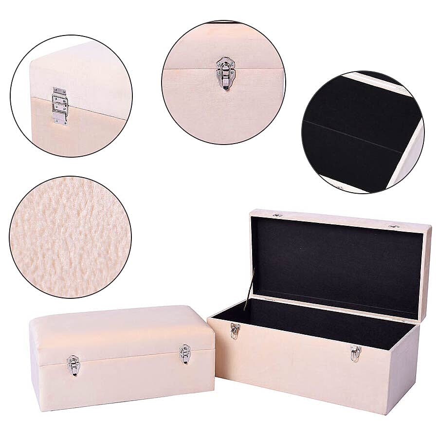 Set of 2 Off-White Velvet Fabric Covered Wooden Trunks
