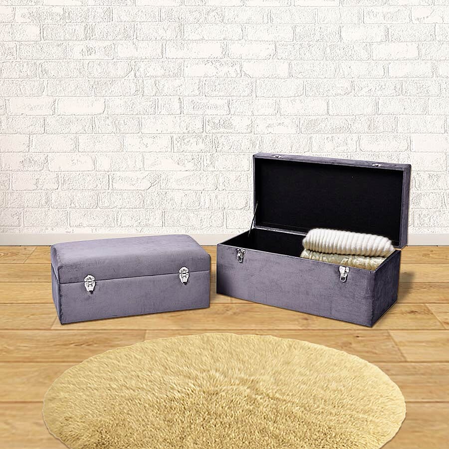 Set of 2 Grey Velvet Fabric Covered Wooden Trunks