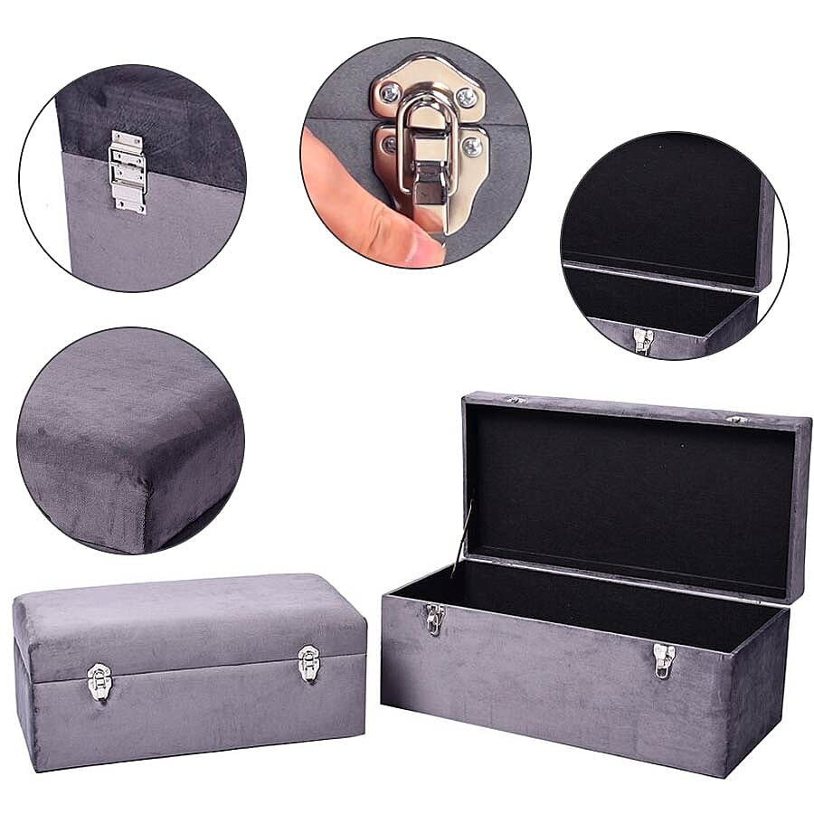 Set of 2 Grey Velvet Fabric Covered Wooden Trunks