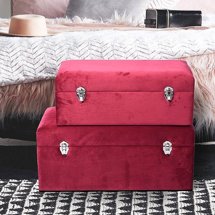 Set of 2 Dark Red Velvet Fabric Covered Wooden Trunks