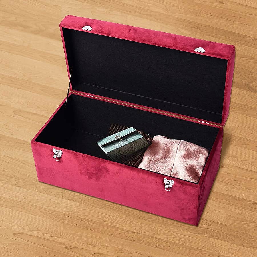 Set of 2 Dark Red Velvet Fabric Covered Wooden Trunks