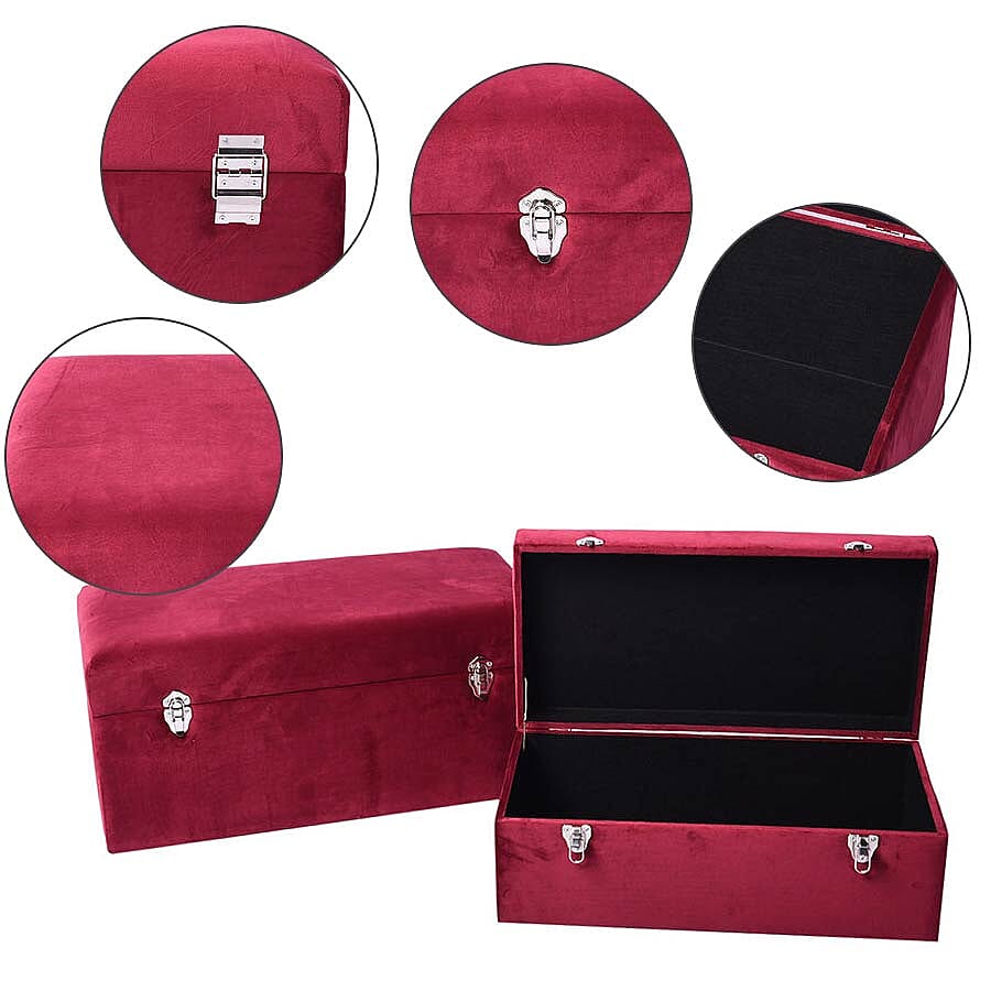 Set of 2 Dark Red Velvet Fabric Covered Wooden Trunks