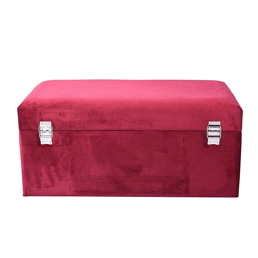 Set of 2 Dark Red Velvet Fabric Covered Wooden Trunks