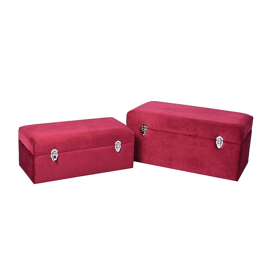 Set of 2 Dark Red Velvet Fabric Covered Wooden Trunks
