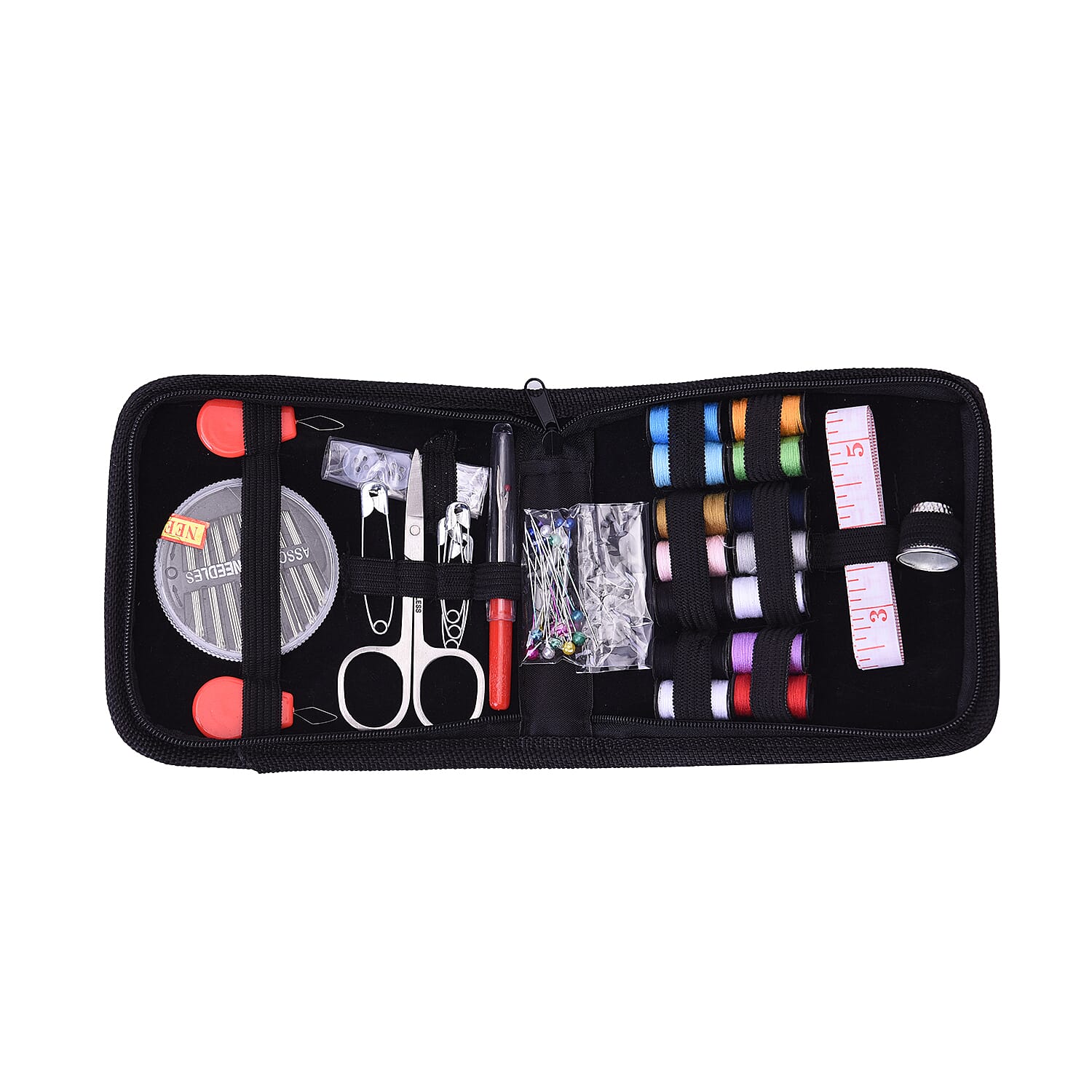 Sewing Kit Inclds. Scissors-1,Measuring Tape-1,Sewing Thread -14, Sewing Needles- 30, Shirt Buttons-3, Needle Threader-2, Safety Pins- 4,Seam Ripper-1, Thimble-1, Pearl Pins