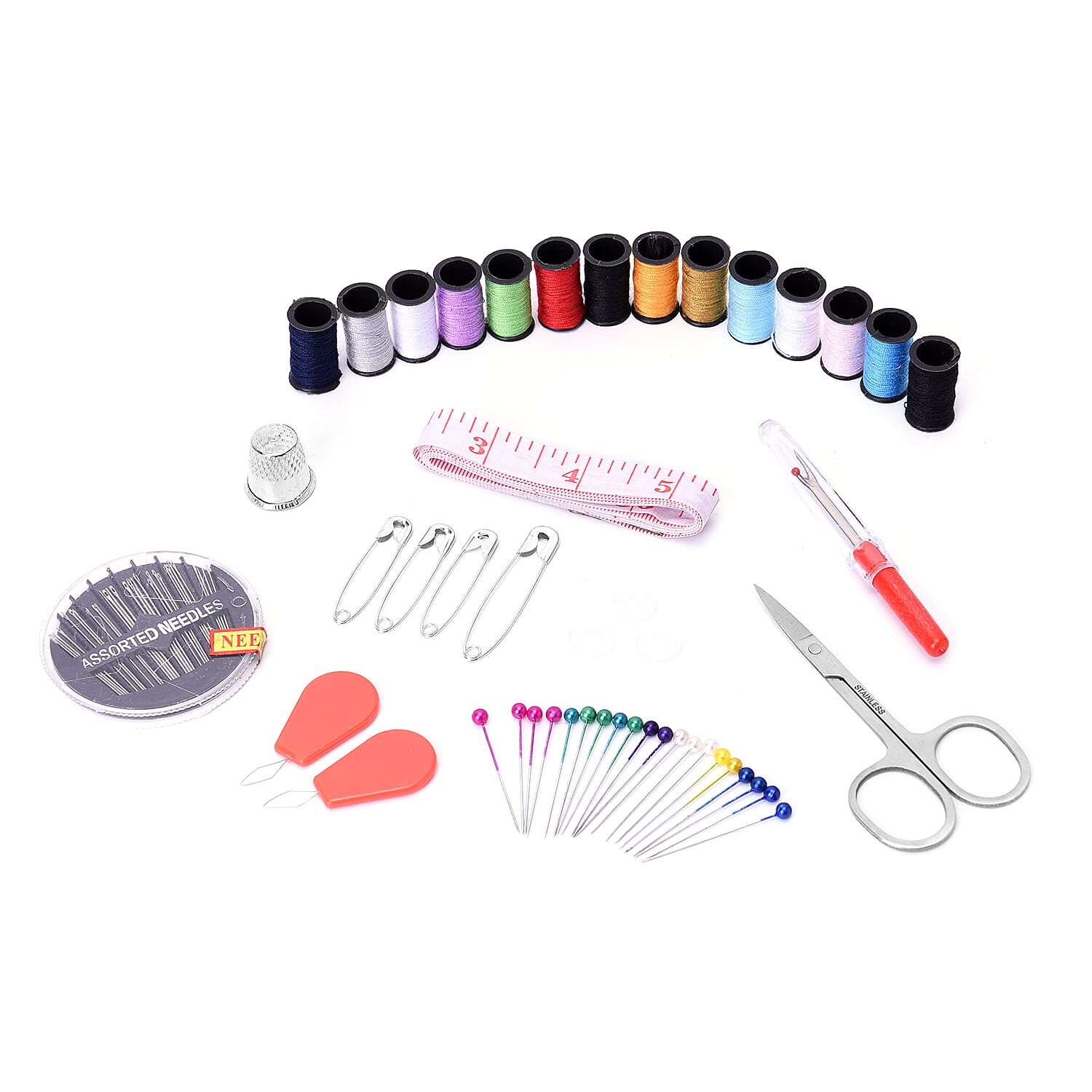 Sewing Kit Inclds. Scissors-1,Measuring Tape-1,Sewing Thread -14, Sewing Needles- 30, Shirt Buttons-3, Needle Threader-2, Safety Pins- 4,Seam Ripper-1, Thimble-1, Pearl Pins
