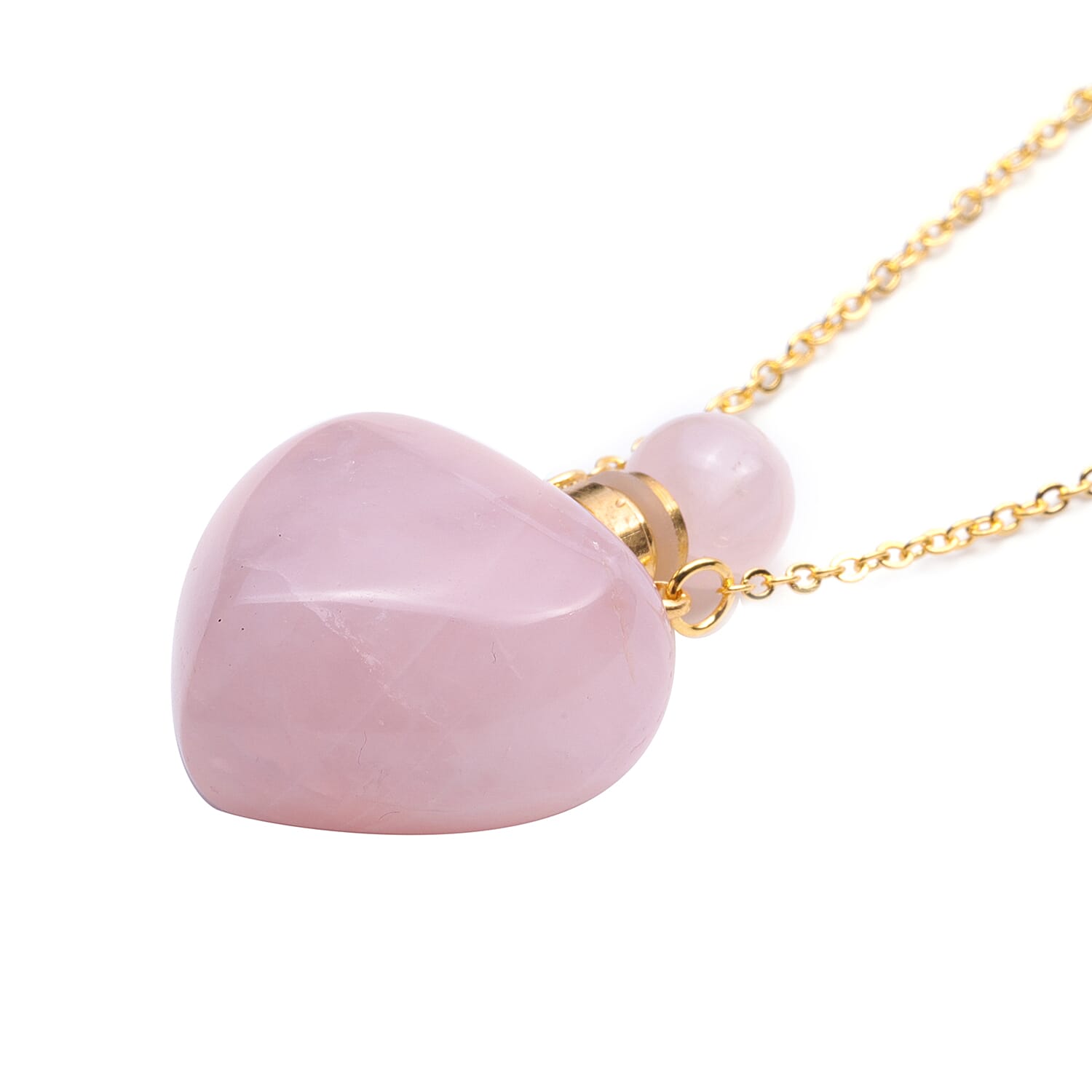 Rose Quartz Heart Shaped Perfume Bottle Necklace (Size 22) in Yellow Gold Tone 89.00 Ct