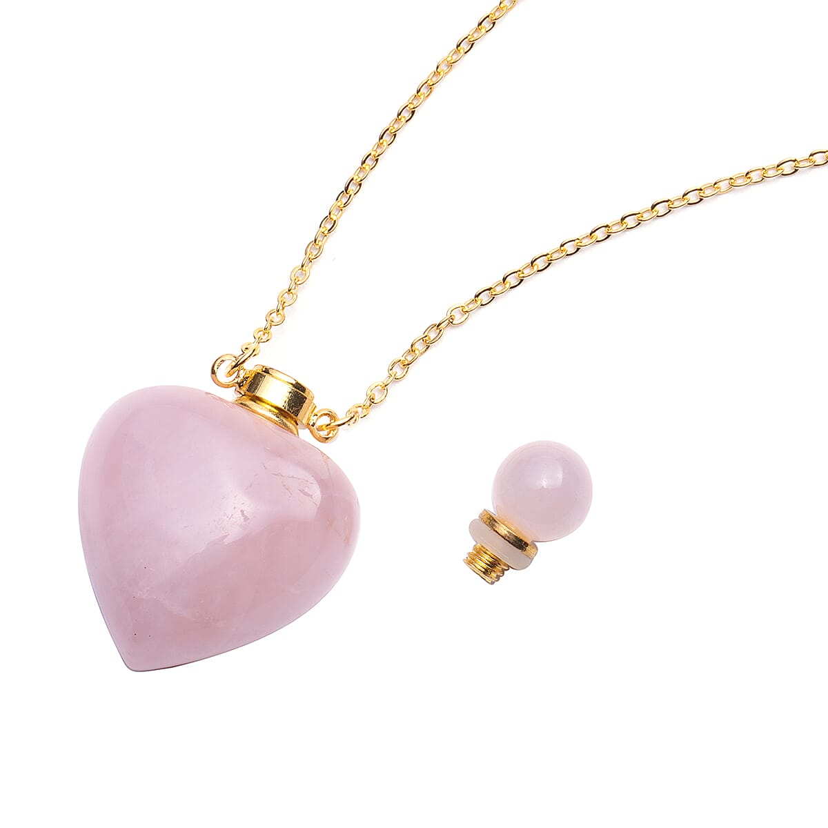 Rose Quartz Heart Shaped Perfume Bottle Necklace (Size 22) in Yellow Gold Tone 89.00 Ct