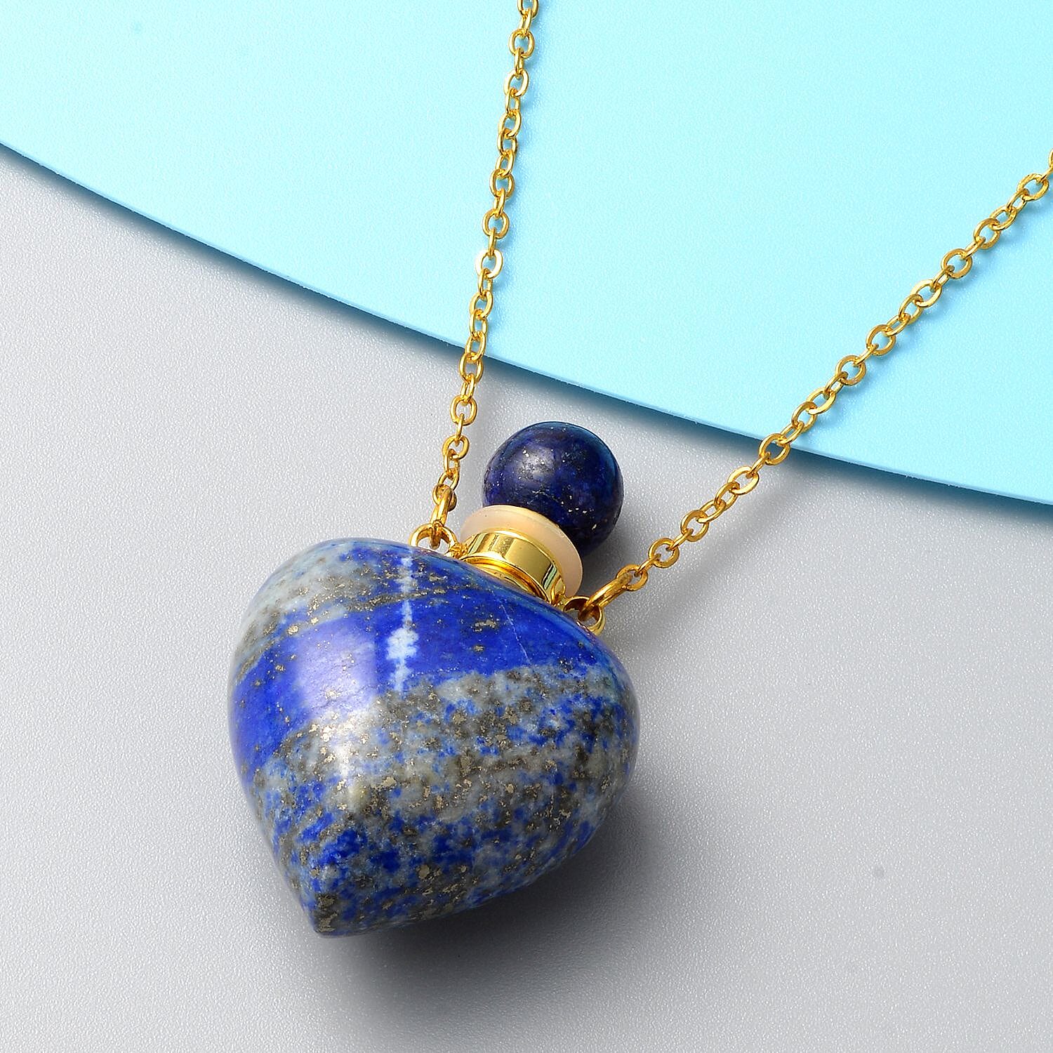 Lapis Lazuli Heart Shaped Perfume Bottle Necklace (Size 22) in Yellow Gold Tone 80.0 Ct.
