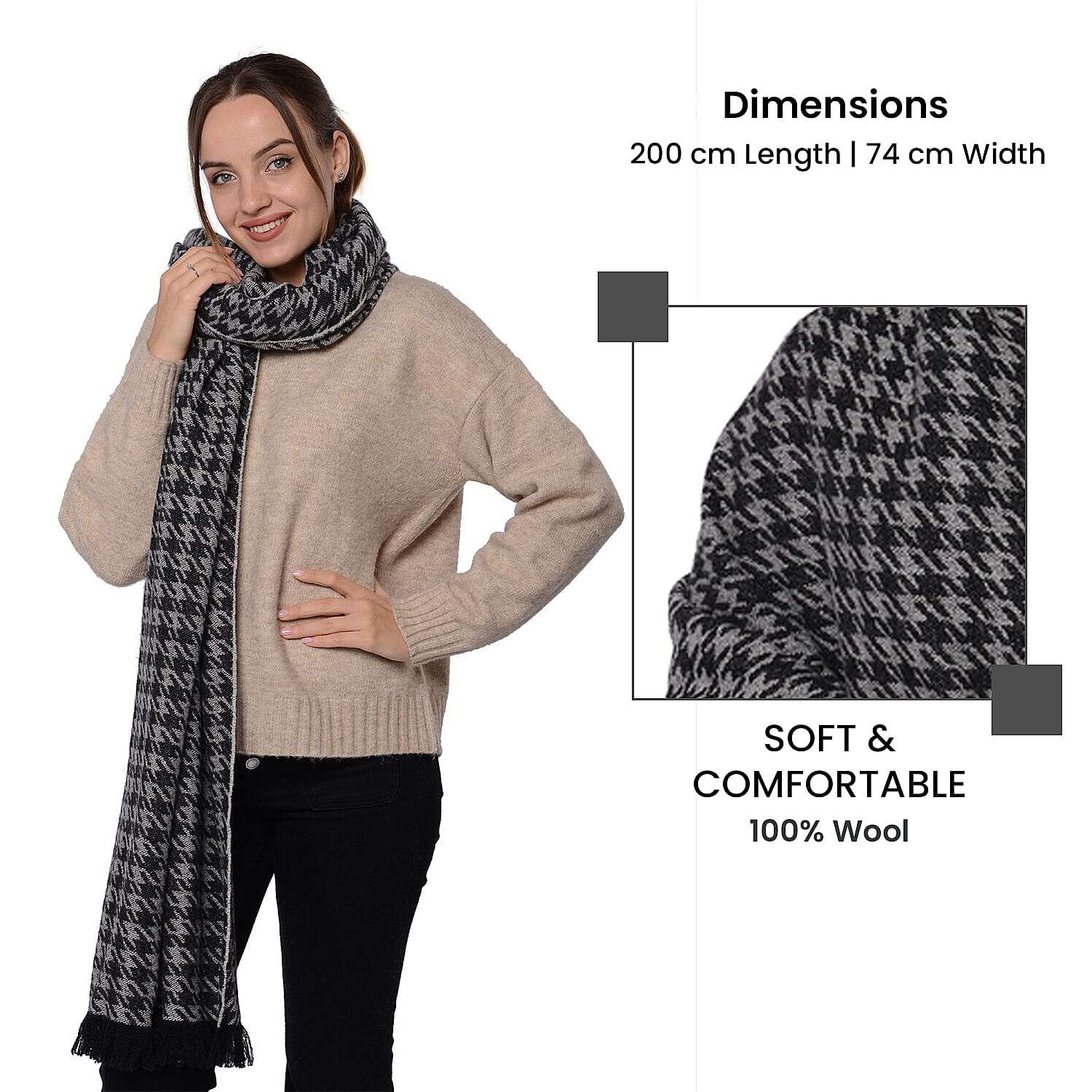 LA MAREY Houndstooth Pattern Wool Shawl - Black