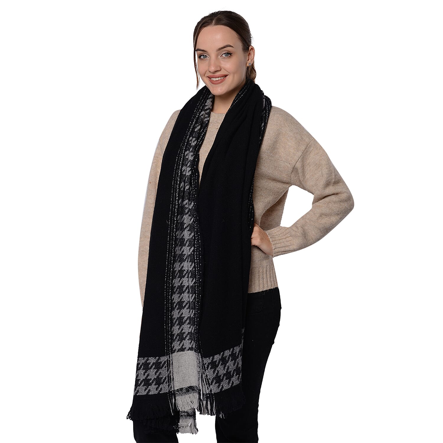 Close Out Deal LA MAREY Super Soft 100% Wool Shawl in Black Houndstooth Border Pattern with Tassels (200x70+5cm)