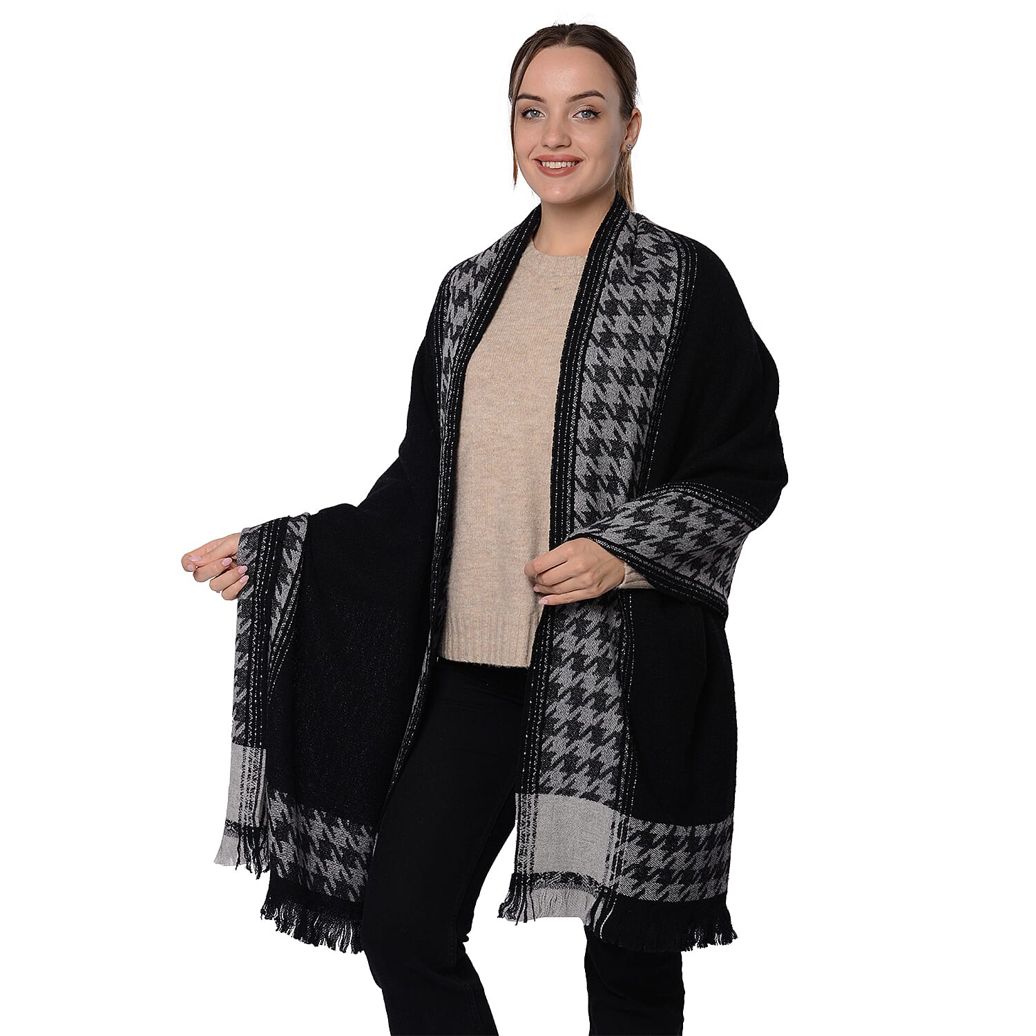 Close Out Deal LA MAREY Super Soft 100% Wool Shawl in Black Houndstooth Border Pattern with Tassels (200x70+5cm)