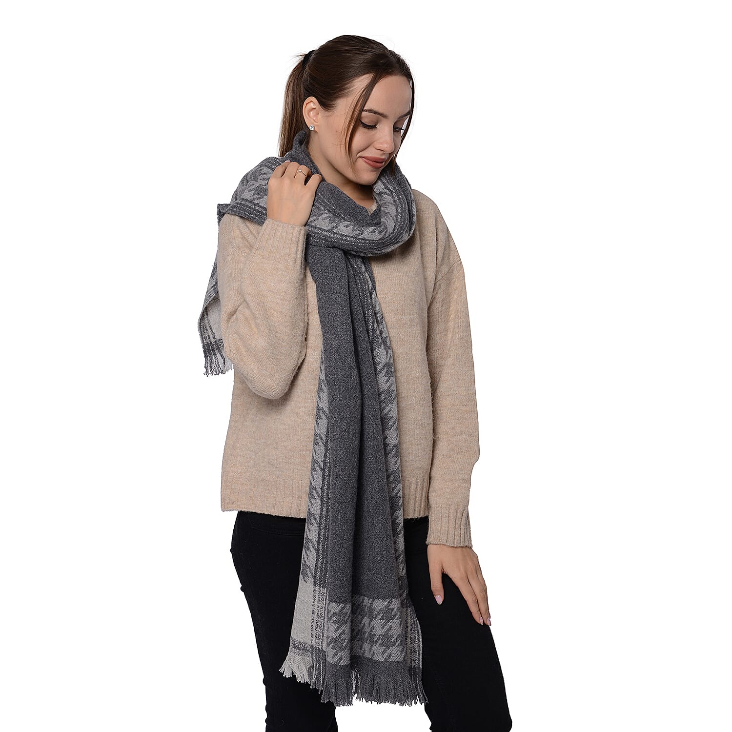 Close Out Deal LA MAREY Super Soft 100% Wool Shawl  Houndstooth Border Pattern with Tassels (Size 200x70cm) - Dark Grey