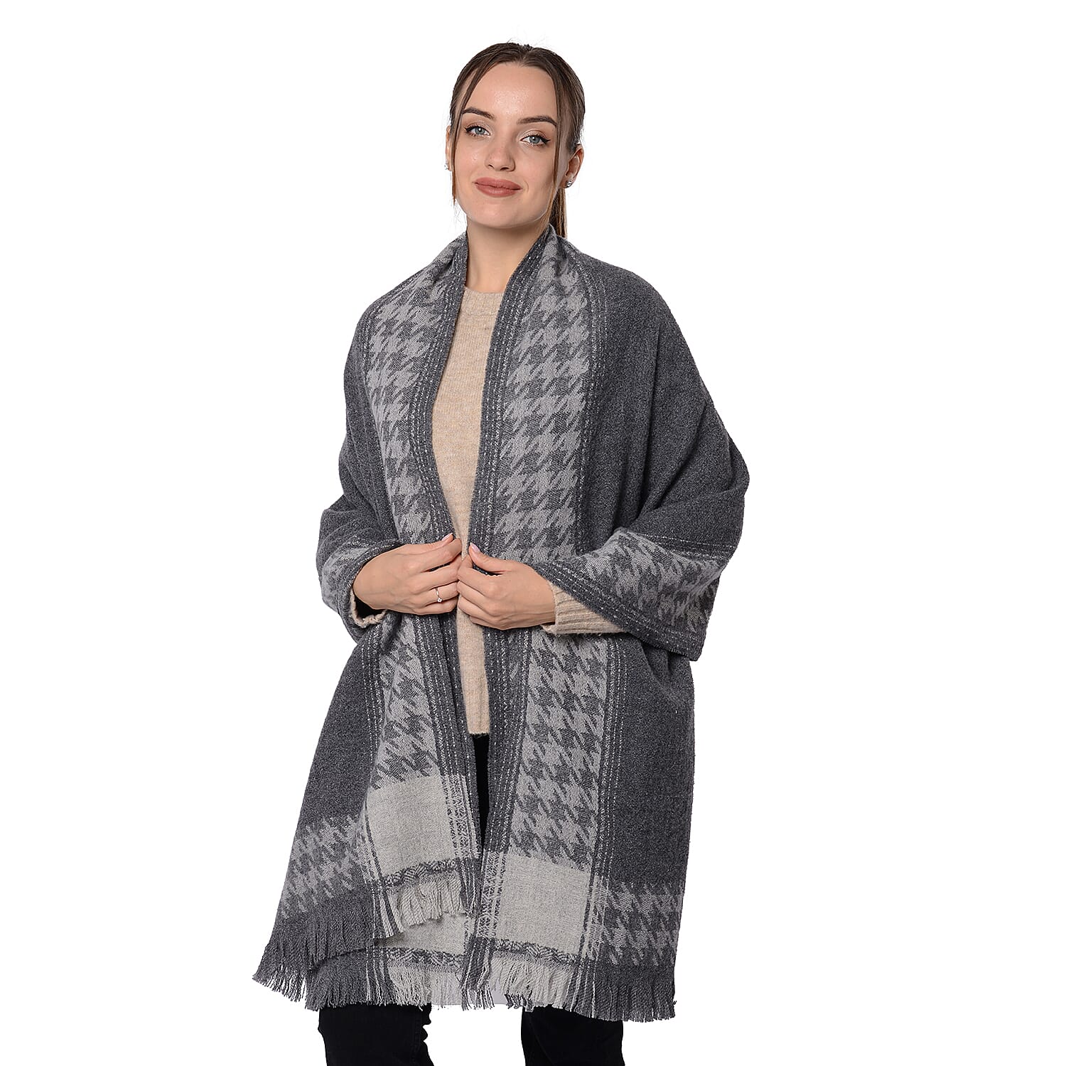 Close Out Deal LA MAREY Super Soft 100% Wool Shawl  Houndstooth Border Pattern with Tassels (Size 200x70cm) - Dark Grey