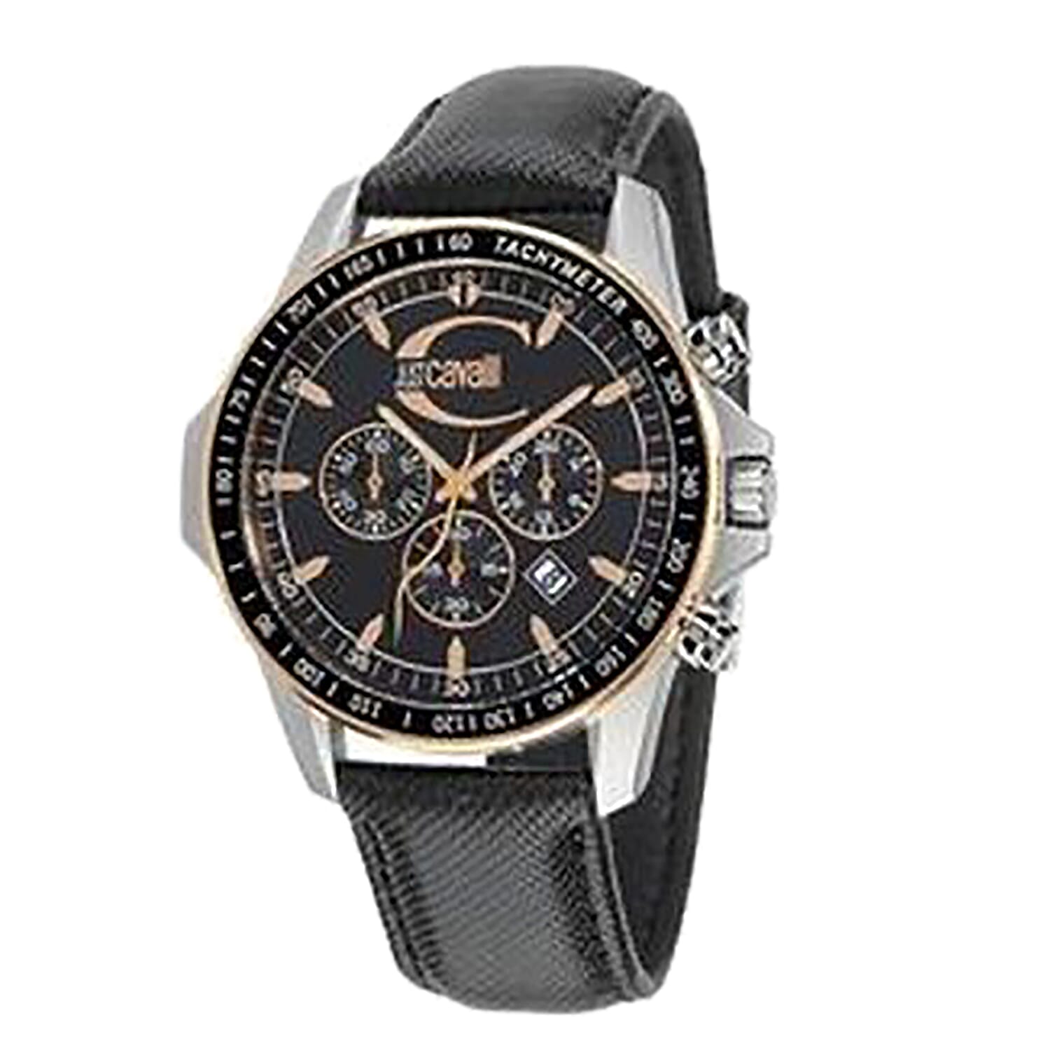 JUST CAVALLI Actually Chronograph Water Resistant Watch with Black Dial and Strap