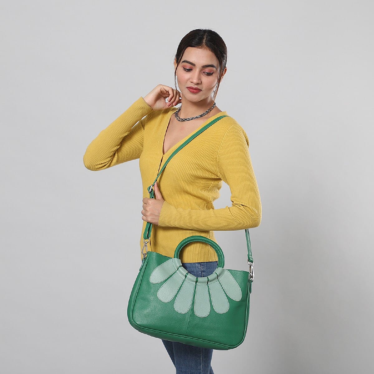 100% Genuine Leather Satchel Bag  with Detachable Shoulder Strap (Size 35x24x9 Cm) - Dark Green