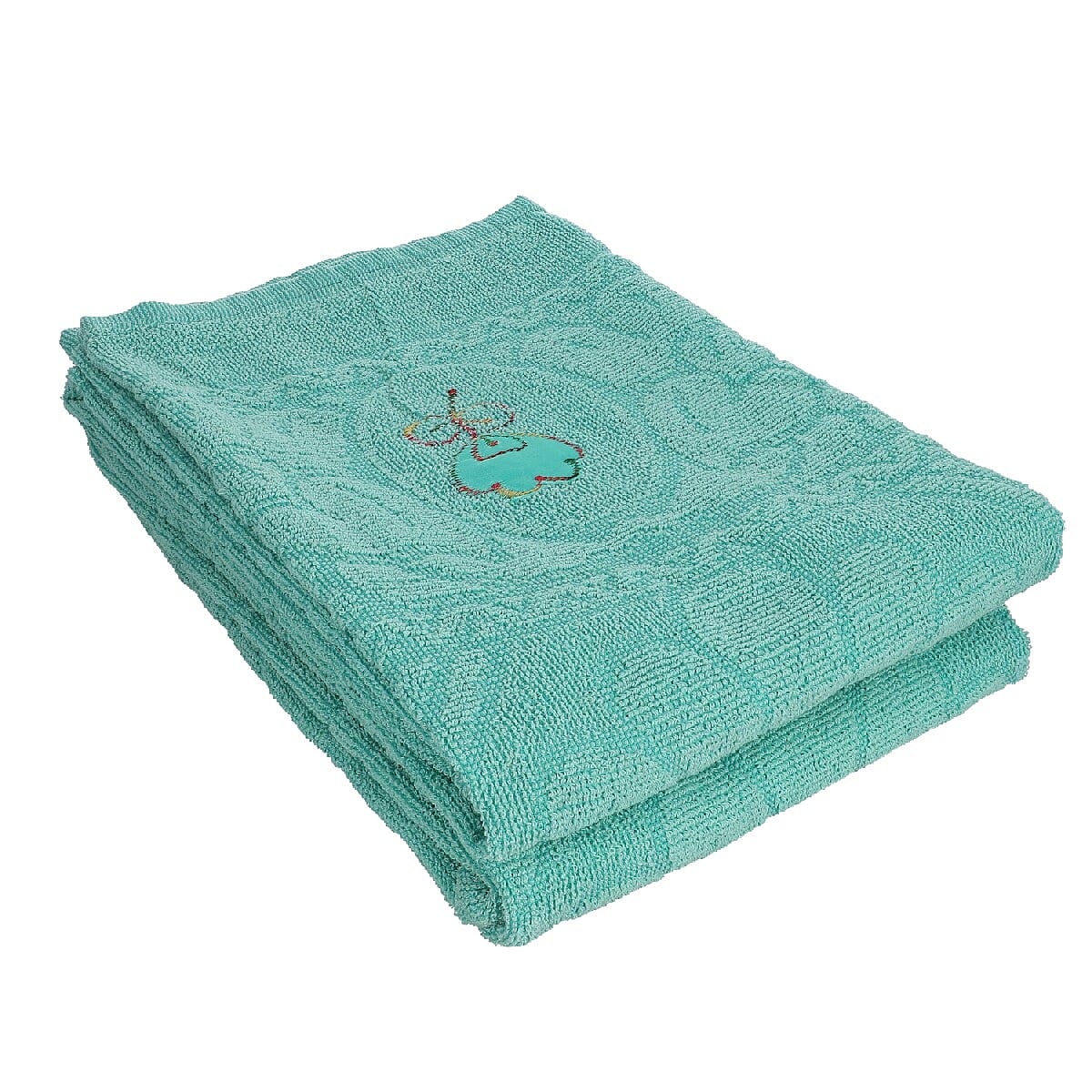 Set of 2 - 100% Cotton Embroidered Terry Bath Towel (Size:130X70 CM cms)- Teal Blue