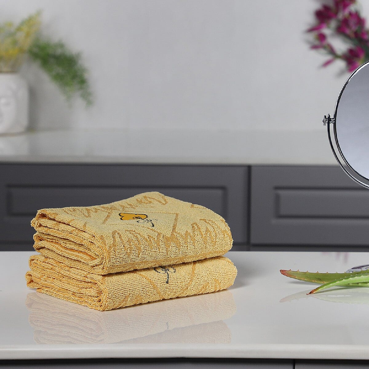 Set of 2 - 100% Cotton Embroidered Terry Bath Towel (Size: 130X70 CM)- Yellow.