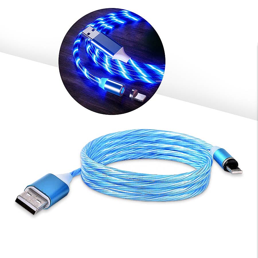 Set of 2 - USB Cable with 3 Magnetic Tips (Lightning, Type-C and Micro USB) and Flowing LED Lights - Blue